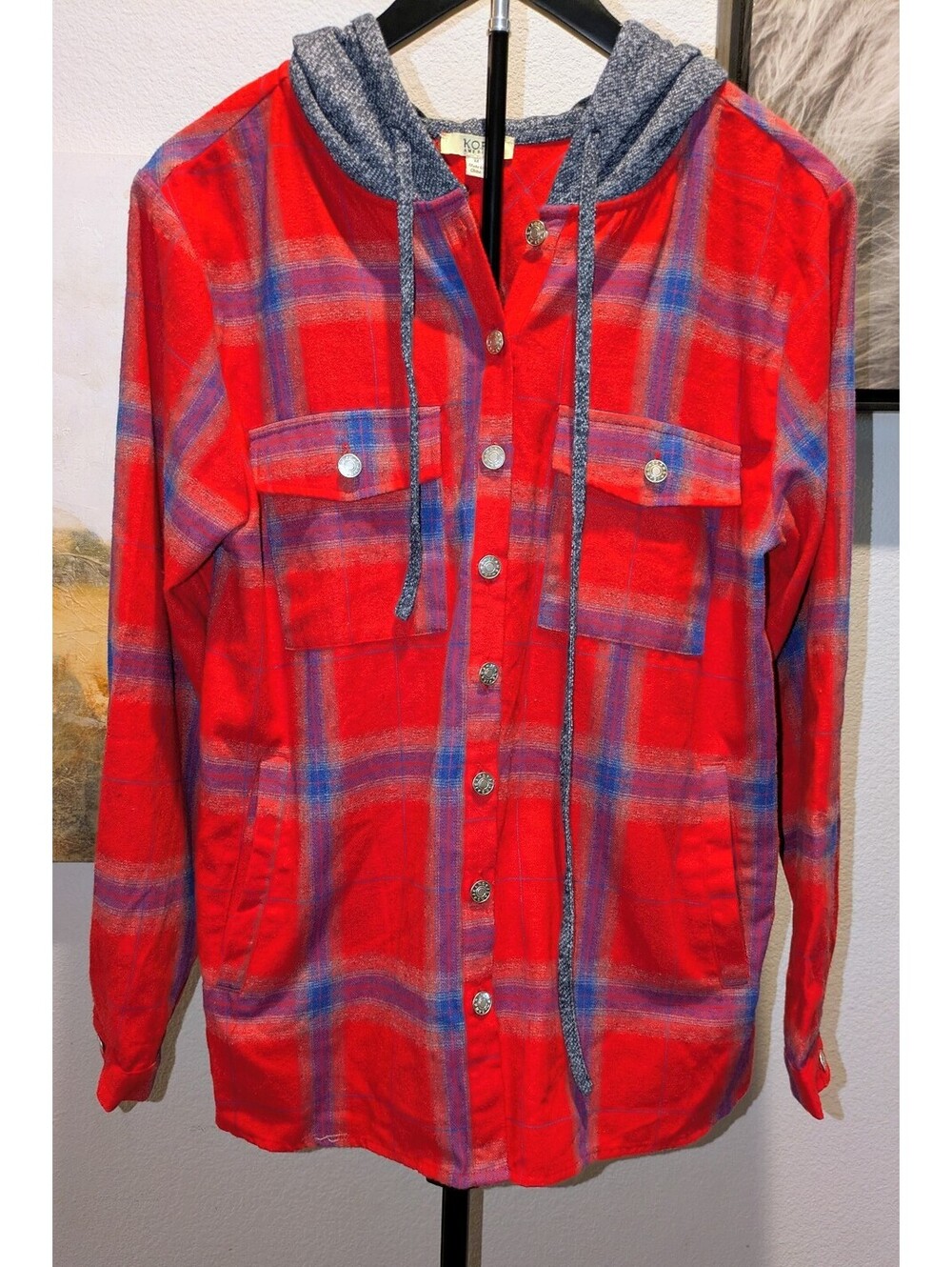 Kori Red Plaid Hooded Flannel Shacket Grunge Size M